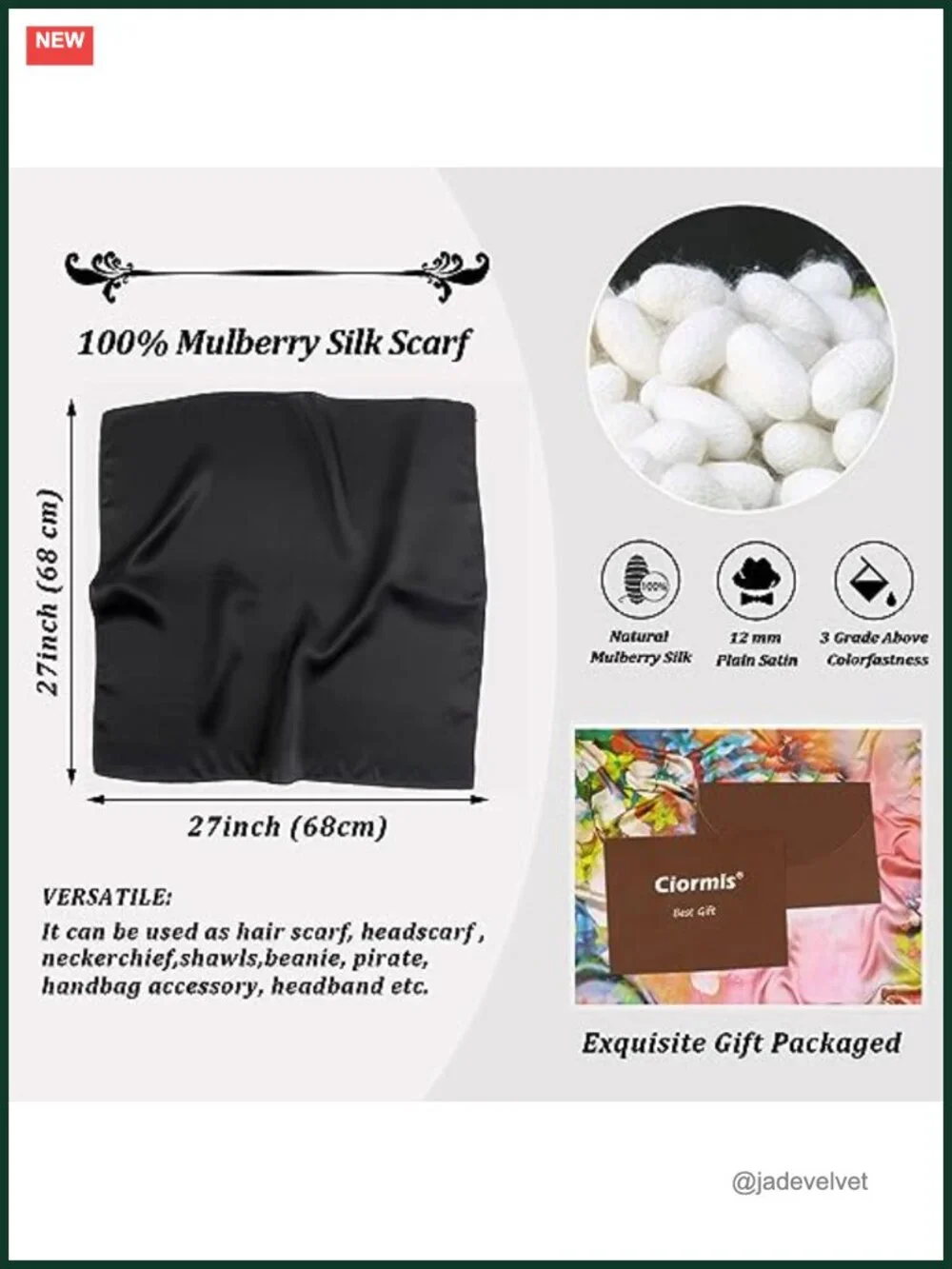 100% Mulberry Silk Square Scarf, Hand-Rolled Edges, Gift Box, Neck Scarf, Hair